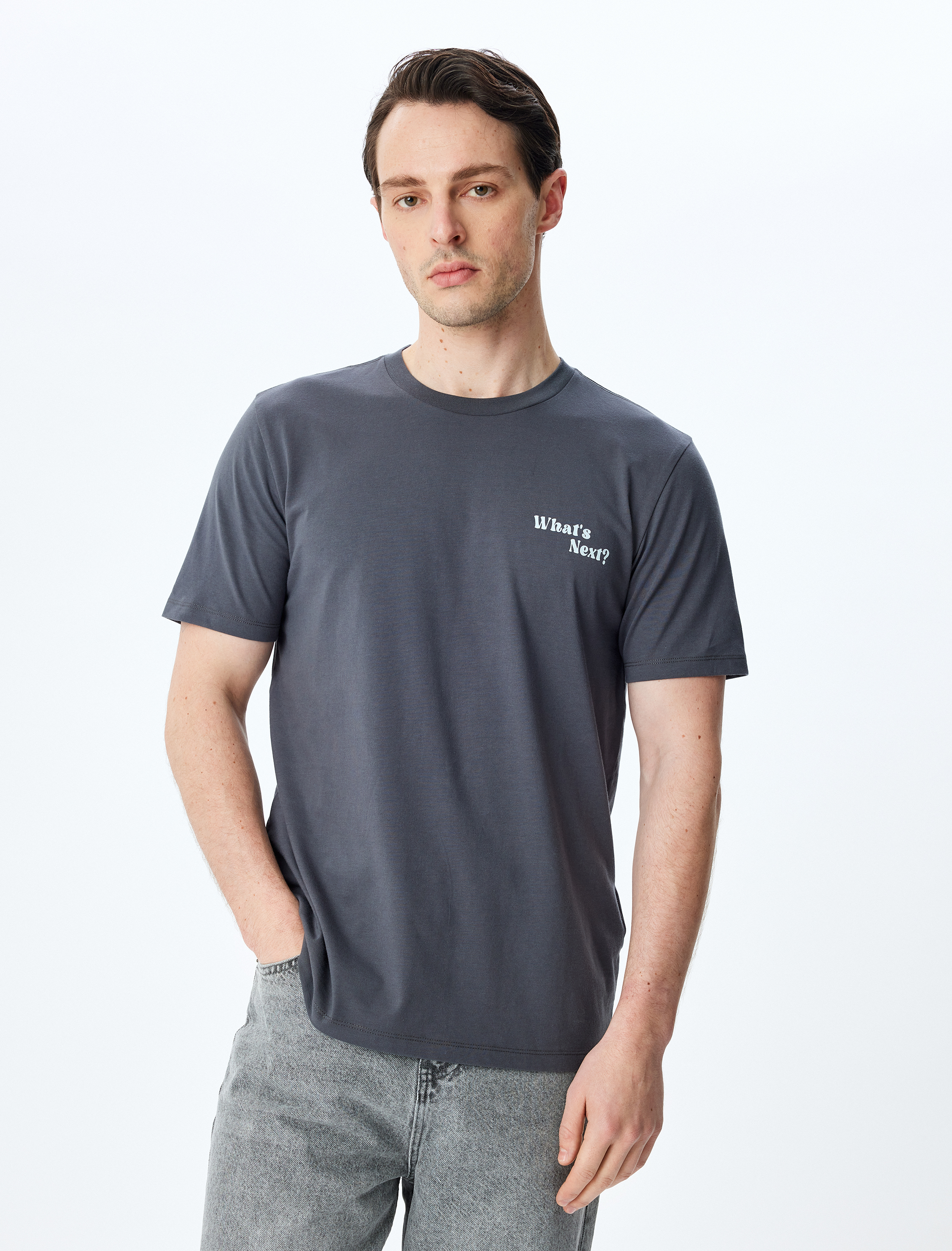   Slogan Baskılı Bisiklet Yaka Kısa Kollu Pamuklu Slim Fit Tişört