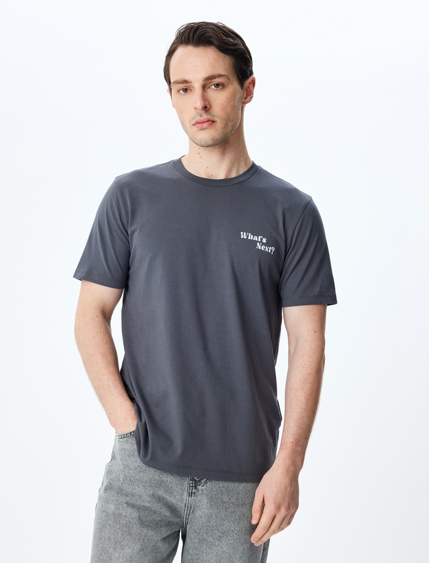 Slogan Baskılı Bisiklet Yaka Kısa Kollu Pamuklu Slim Fit Tişört_2