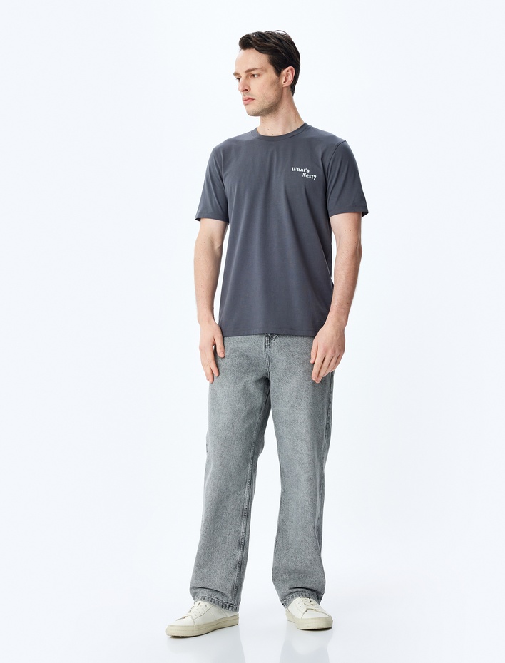  Slogan Baskılı Bisiklet Yaka Kısa Kollu Pamuklu Slim Fit Tişört