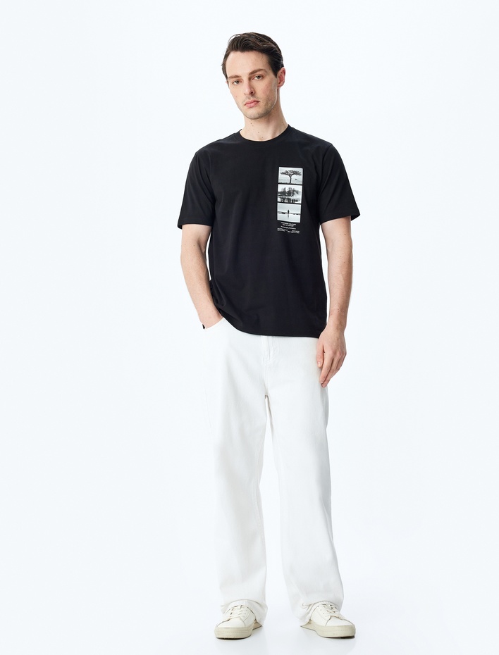  Regular Fit Pamuklu Baskılı Kısa Kollu Bisiklet Yaka Tişört