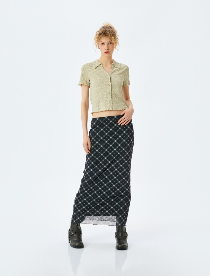  Düğmeli Gömlek Yaka Dokulu Kısa Kollu Bluz Bürümcük