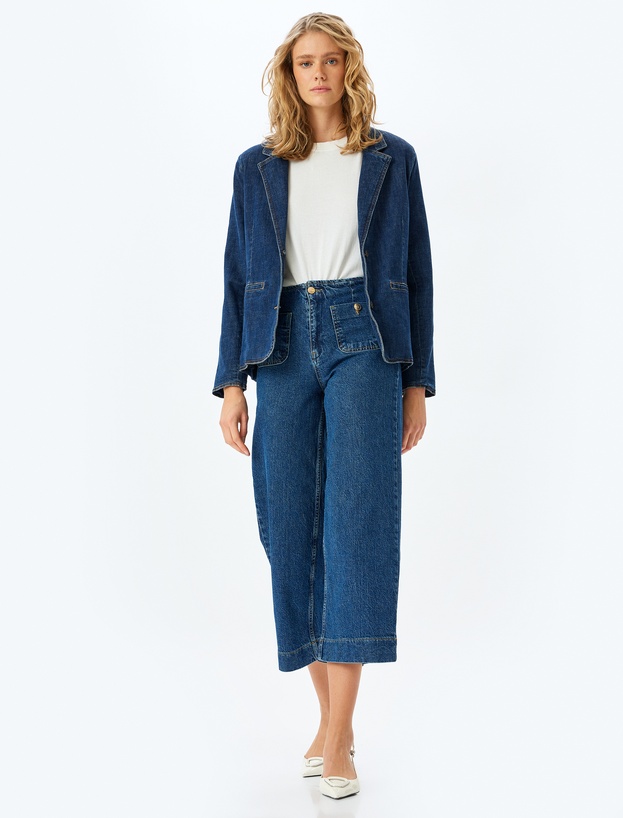 Yüksek Bel Rahat Kalıp Cepli Kısa Denim Pantolon  -  Culotte Jeans_0