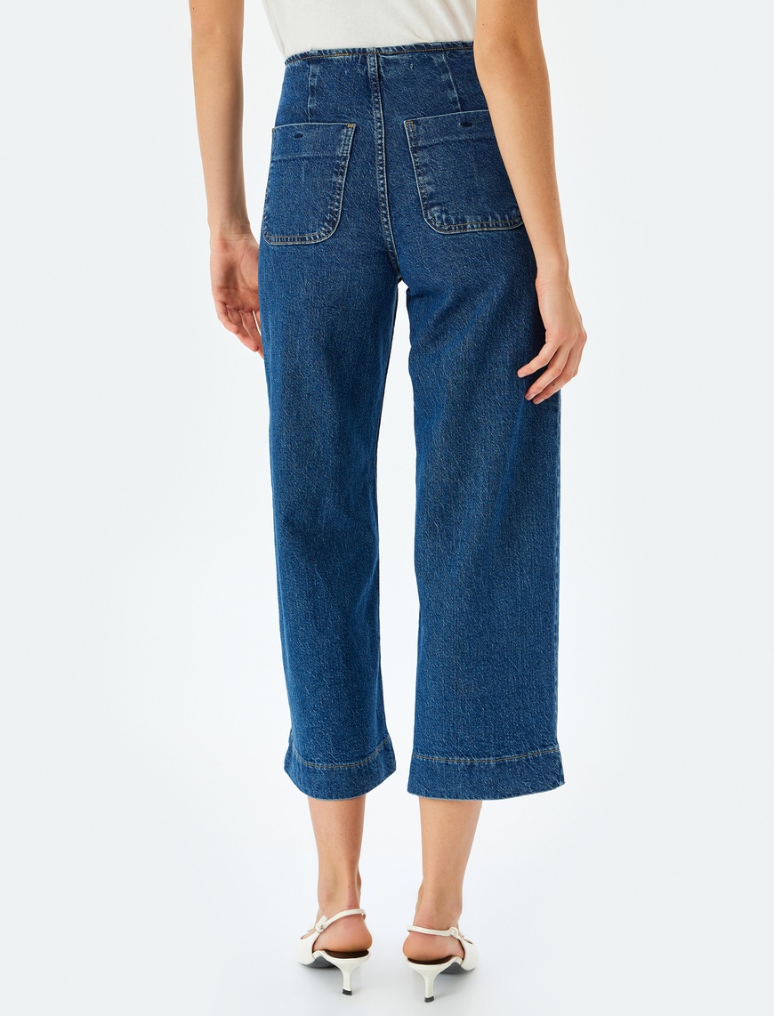   Yüksek Bel Rahat Kalıp Cepli Kısa Denim Pantolon  -  Culotte Jeans