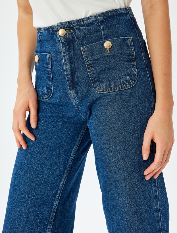 Yüksek Bel Rahat Kalıp Cepli Kısa Denim Pantolon  -  Culotte Jeans_4