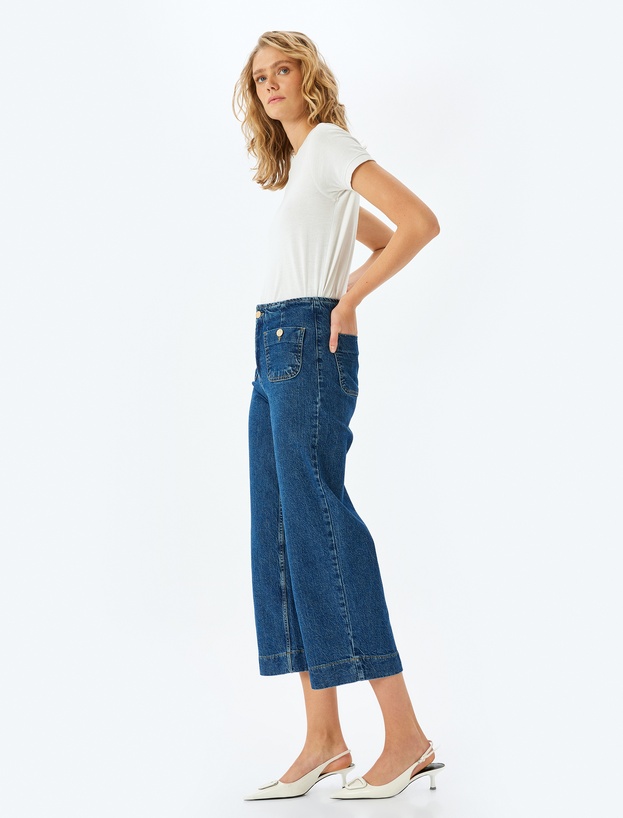 Yüksek Bel Rahat Kalıp Cepli Kısa Denim Pantolon  -  Culotte Jeans_1