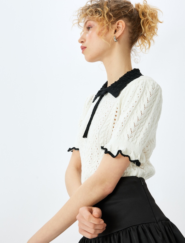  Ajurlu Bebe Yaka Kısa Kollu Triko Kazak