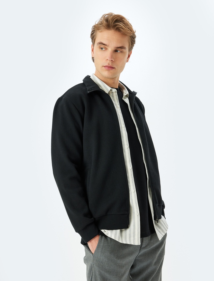  Uzun Kollu Pamuk Karışımlı Basic Fermuarlı Hırka