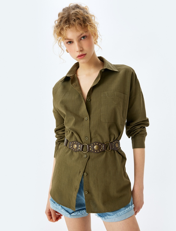  Klasik Yaka Düğmeli Cep Detaylı Uzun Kollu Gömlek