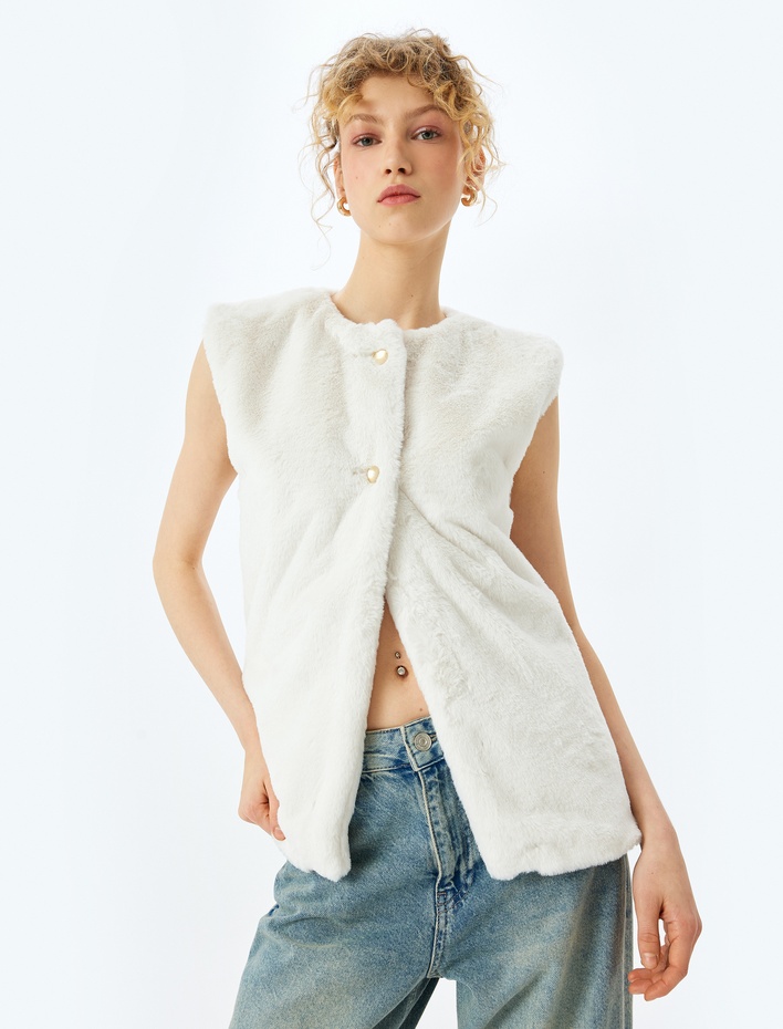  Suni Kürk Bisiklet Yaka Düğmeli Kolsuz Yelek