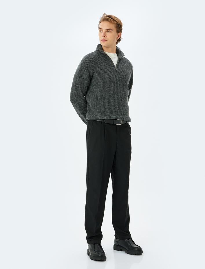  Uzun Kollu Basic Yarım Fermuarlı Triko Kazak