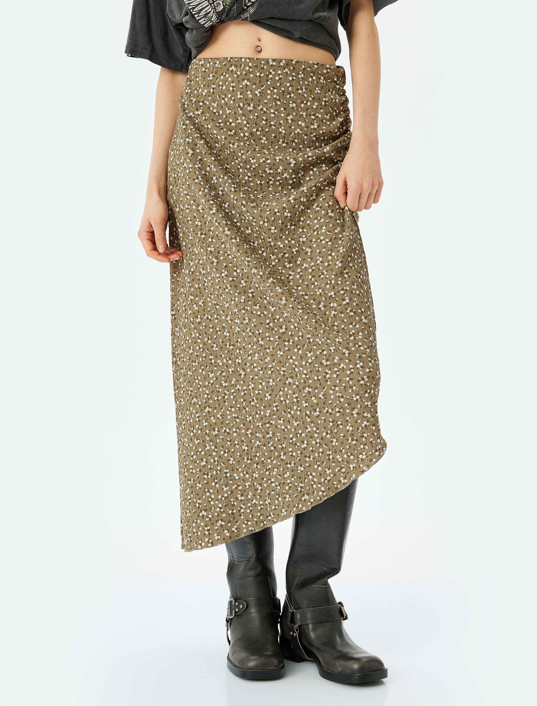   Asimetrik Slim Fit Yüksek Bel Drapeli Çiçekli Midi Etek Bürümcük