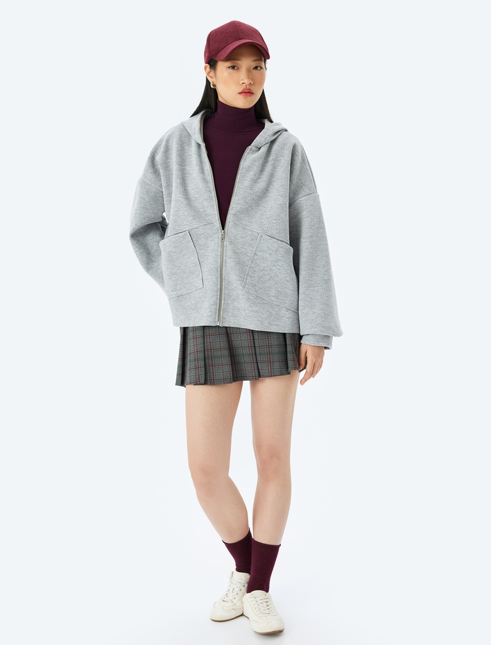  Kapüşonlu Fermuarlı Dikiş Detaylı Oversize Hırka