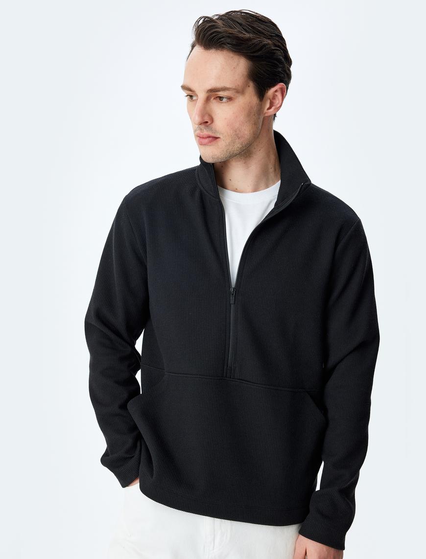   Kanguru Cepli Uzun Kollu Basic Yarım Fermuarlı Sweatshirt