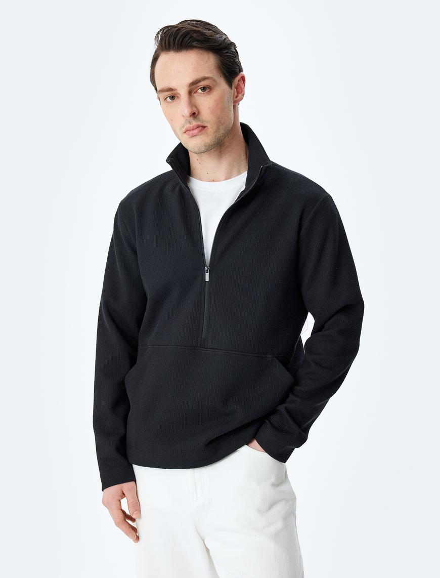   Kanguru Cepli Uzun Kollu Basic Yarım Fermuarlı Sweatshirt