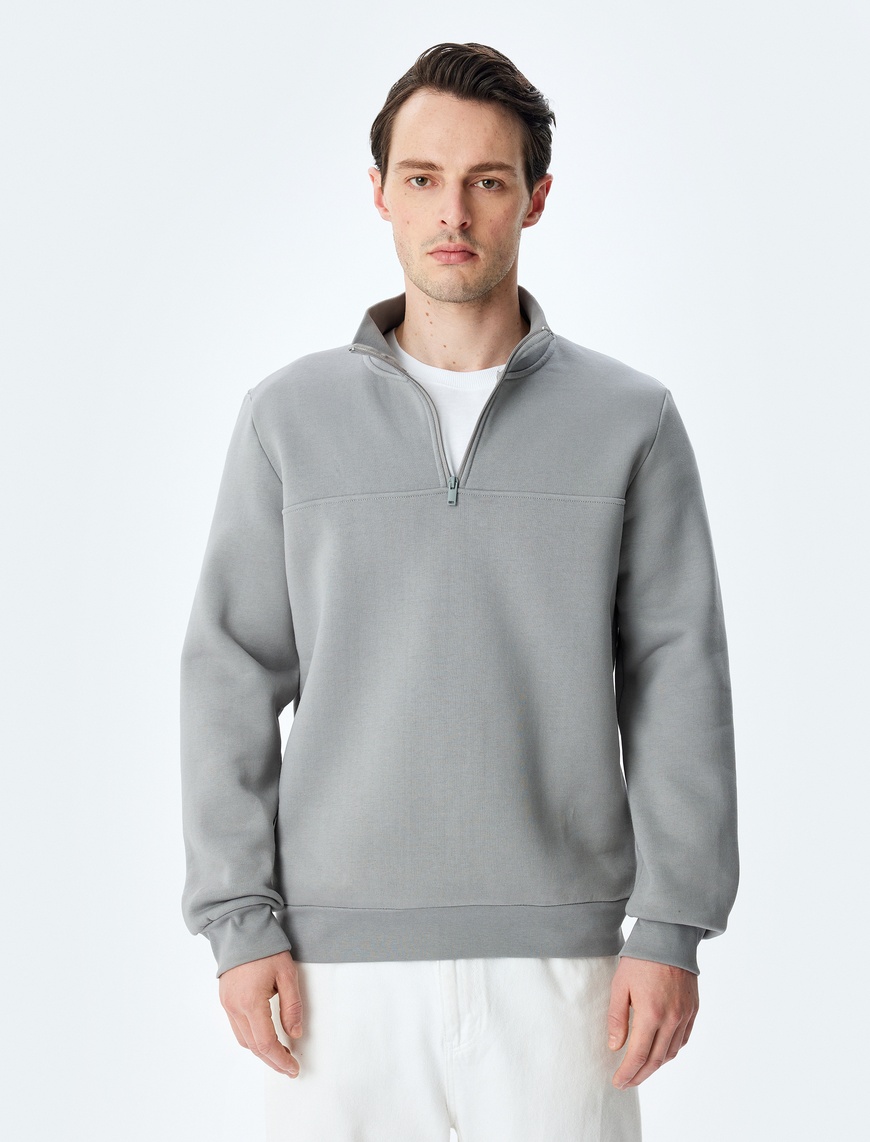   Uzun Kollu Pamuk Karışımlı Basic Yarım Fermuarlı Sweatshirt