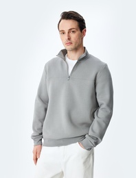 Uzun Kollu Pamuk Karışımlı Basic Yarım Fermuarlı Sweatshirt