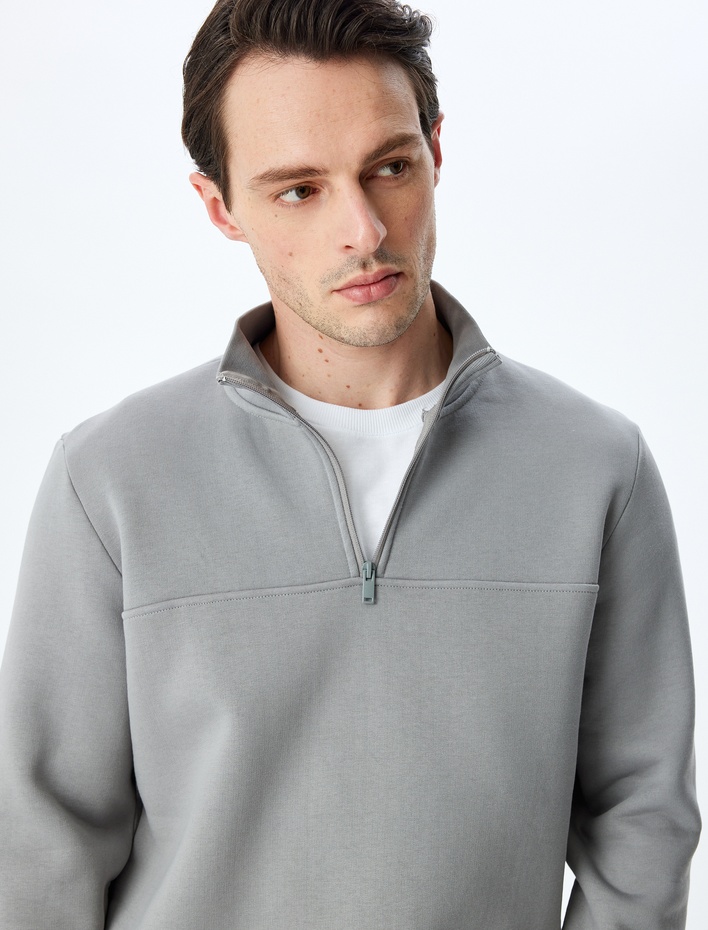  Uzun Kollu Pamuk Karışımlı Şardonlu Basic Yarım Fermuarlı Sweatshirt
