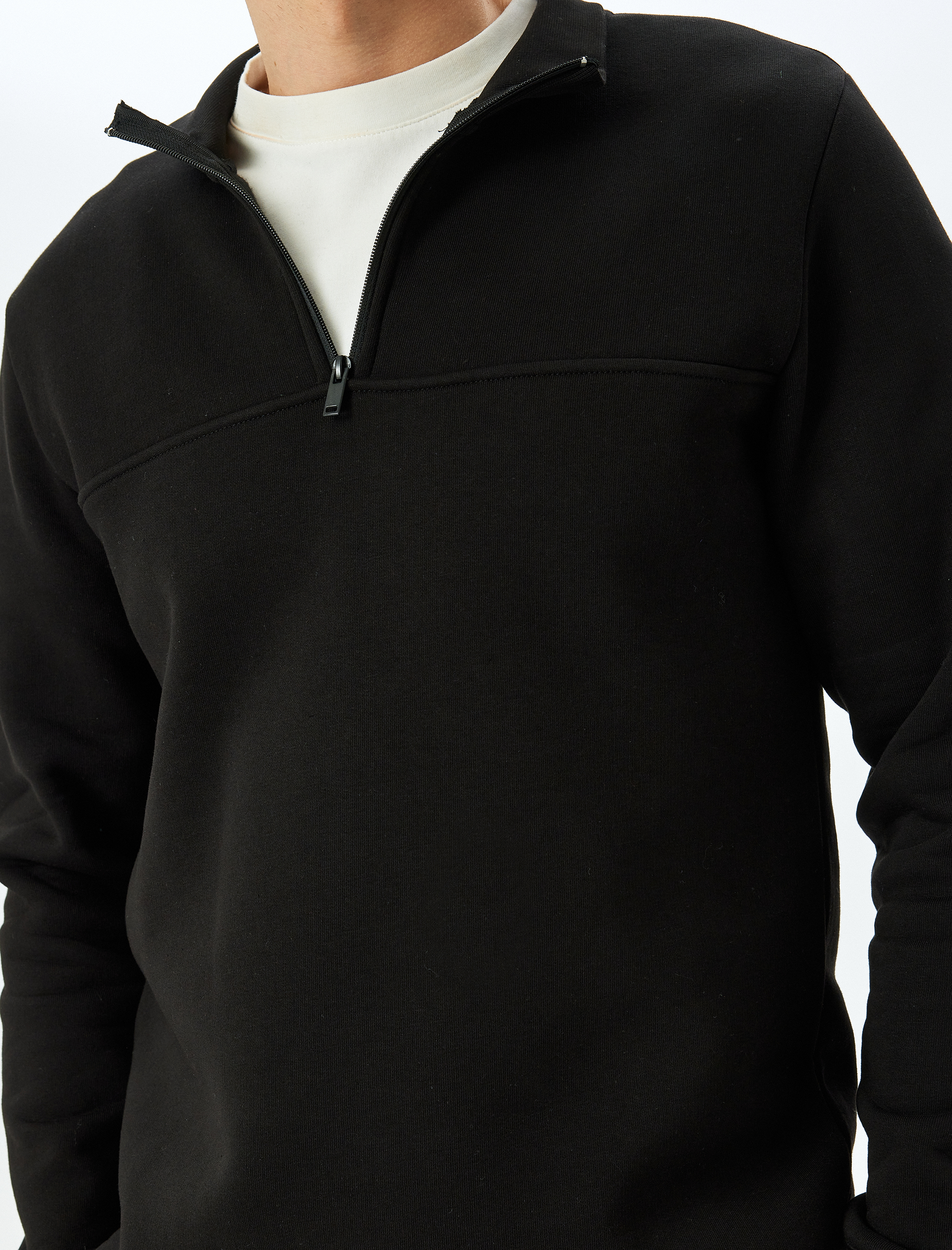   Uzun Kollu Pamuk Karışımlı Şardonlu Basic Yarım Fermuarlı Sweatshirt