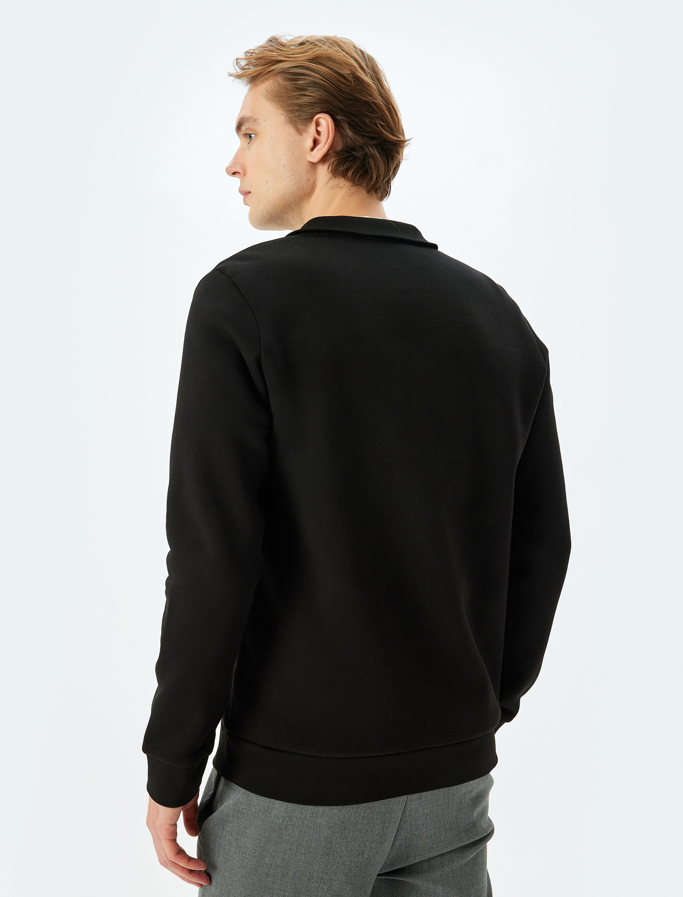   Uzun Kollu Pamuk Karışımlı Şardonlu Basic Yarım Fermuarlı Sweatshirt