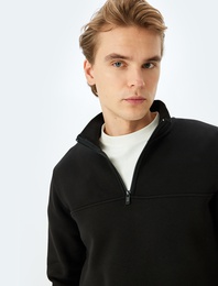 Uzun Kollu Pamuk Karışımlı Basic Yarım Fermuarlı Sweatshirt