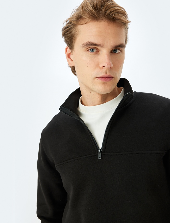  Uzun Kollu Pamuk Karışımlı Basic Yarım Fermuarlı Sweatshirt