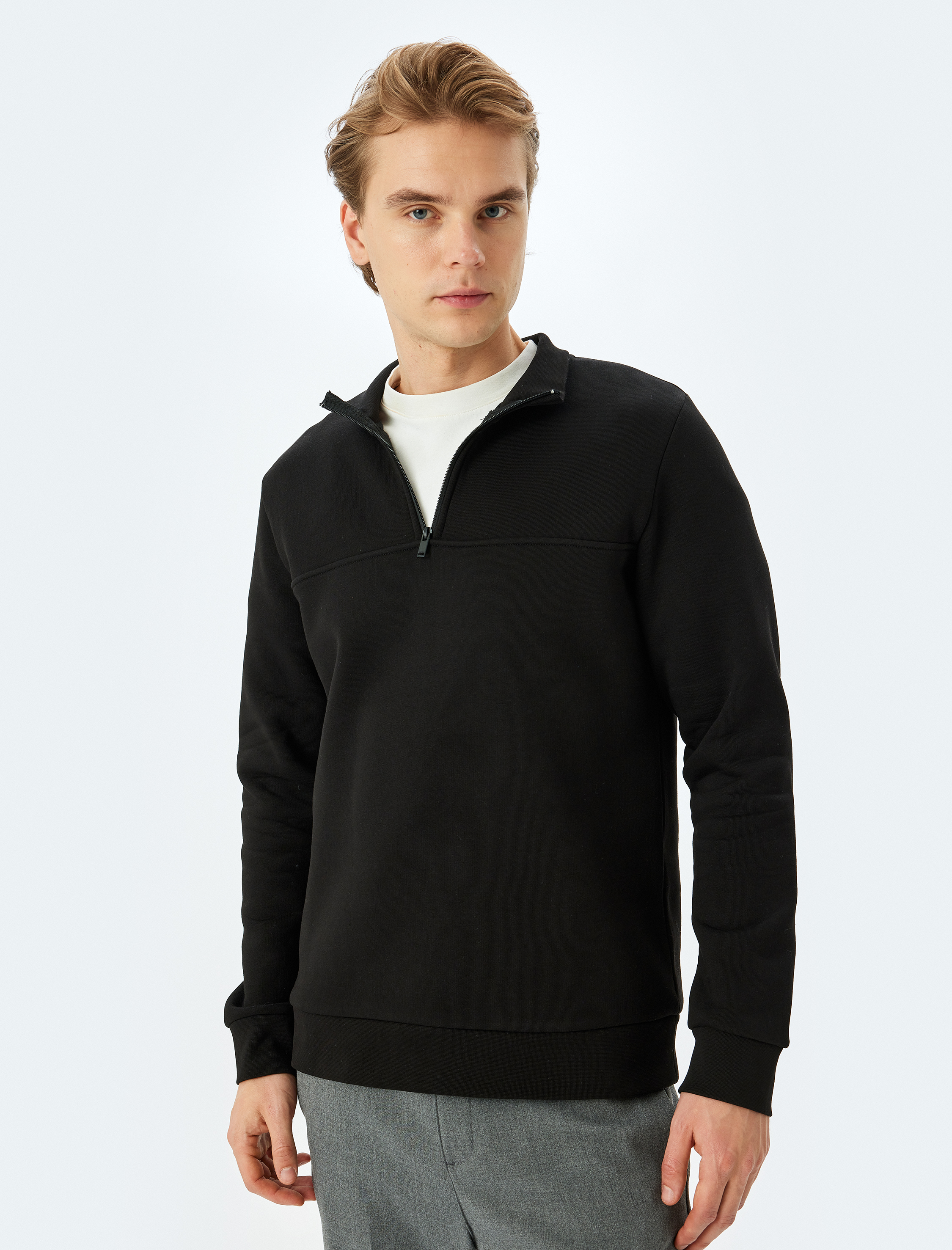   Uzun Kollu Pamuk Karışımlı Şardonlu Basic Yarım Fermuarlı Sweatshirt