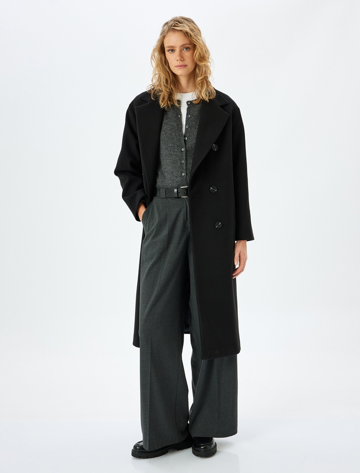  Cepli Kruvaze Düğmeli Uzun Kaşe Kaban