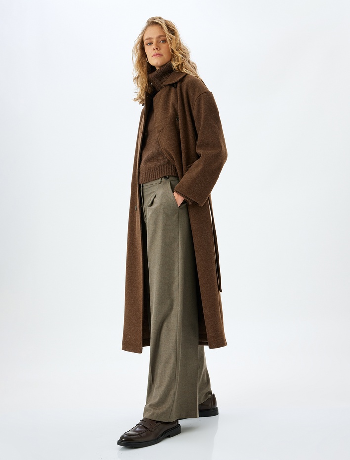  Cepli Kemerli Kruvaze Uzun Kaşe Kaban