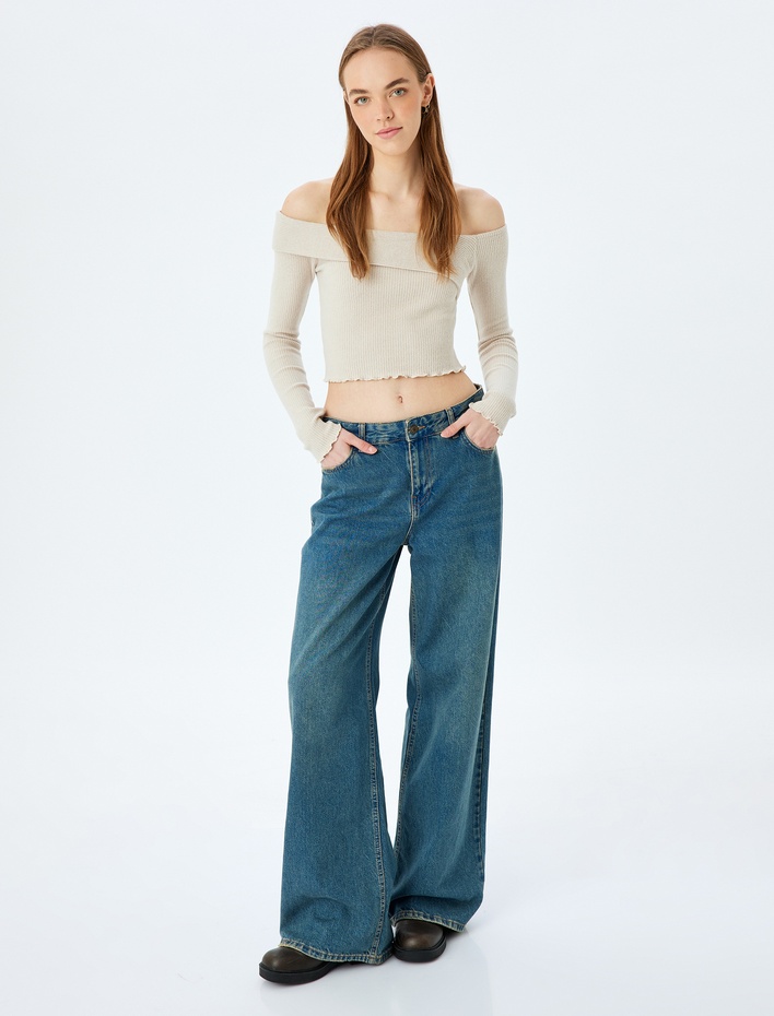  Omzu Açık Madonna Yaka Slim Fit Crop Uzun Kollu Tişört