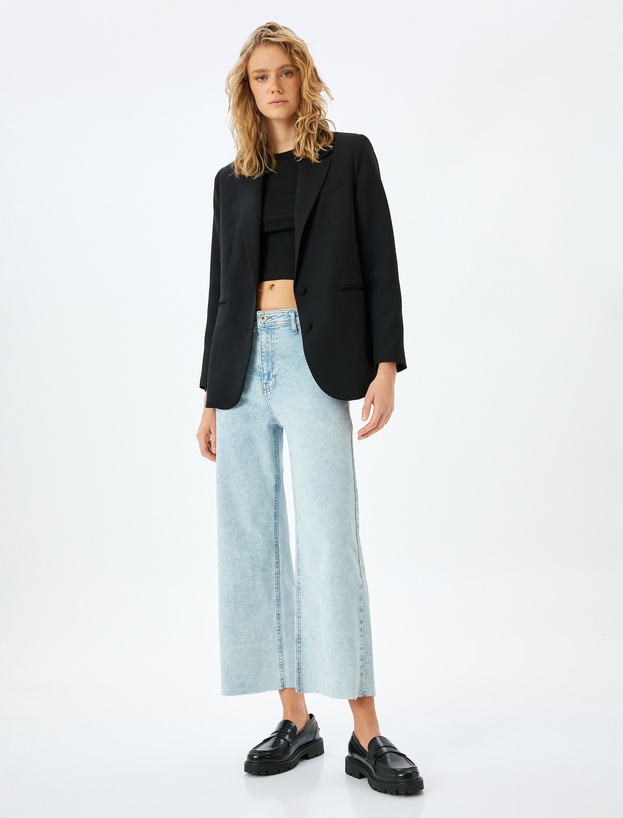 Yüksek Bel Kesik Paça Düğmeli Denim Pantolon -  Culotte Jean_0