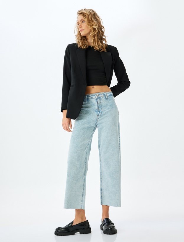 Yüksek Bel Kesik Paça Düğmeli Denim Pantolon -  Culotte Jean_1