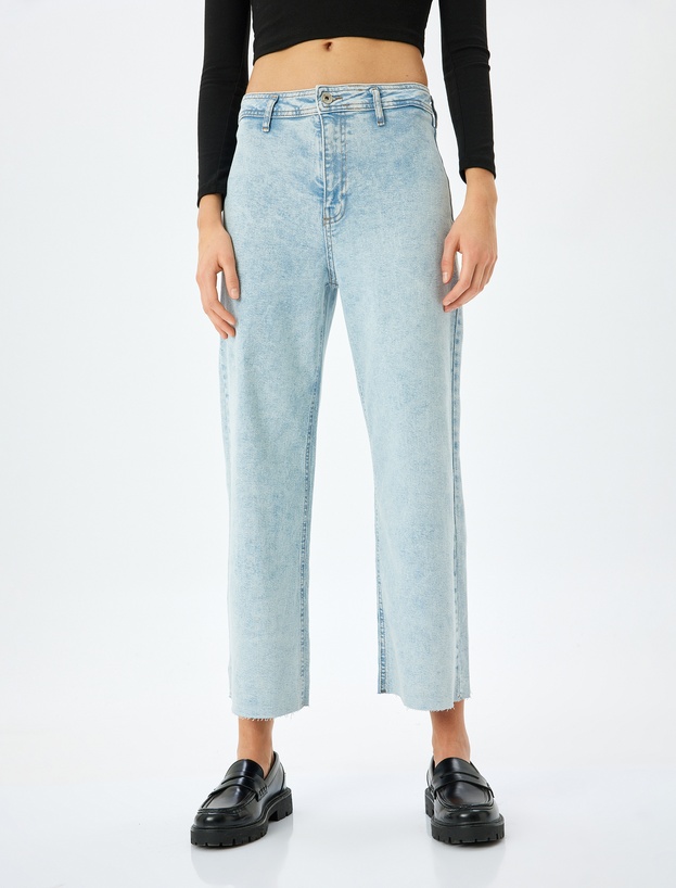 Yüksek Bel Kesik Paça Düğmeli Denim Pantolon -  Culotte Jean_2