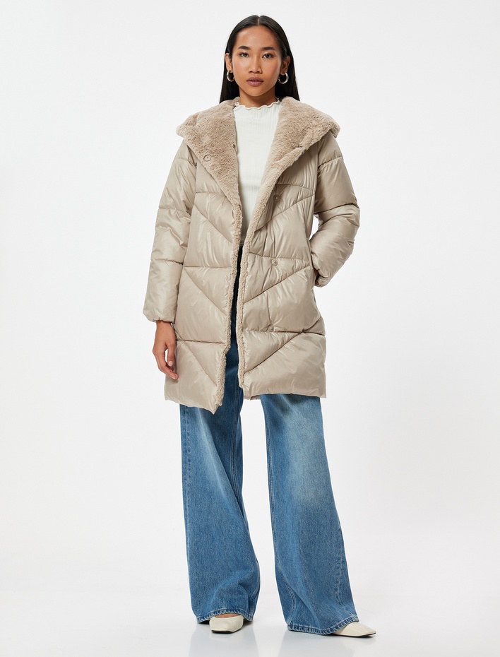  Uzun Şişme Mont Suni Kürk Yaka Kapitone Cepli Rahat Kalıp