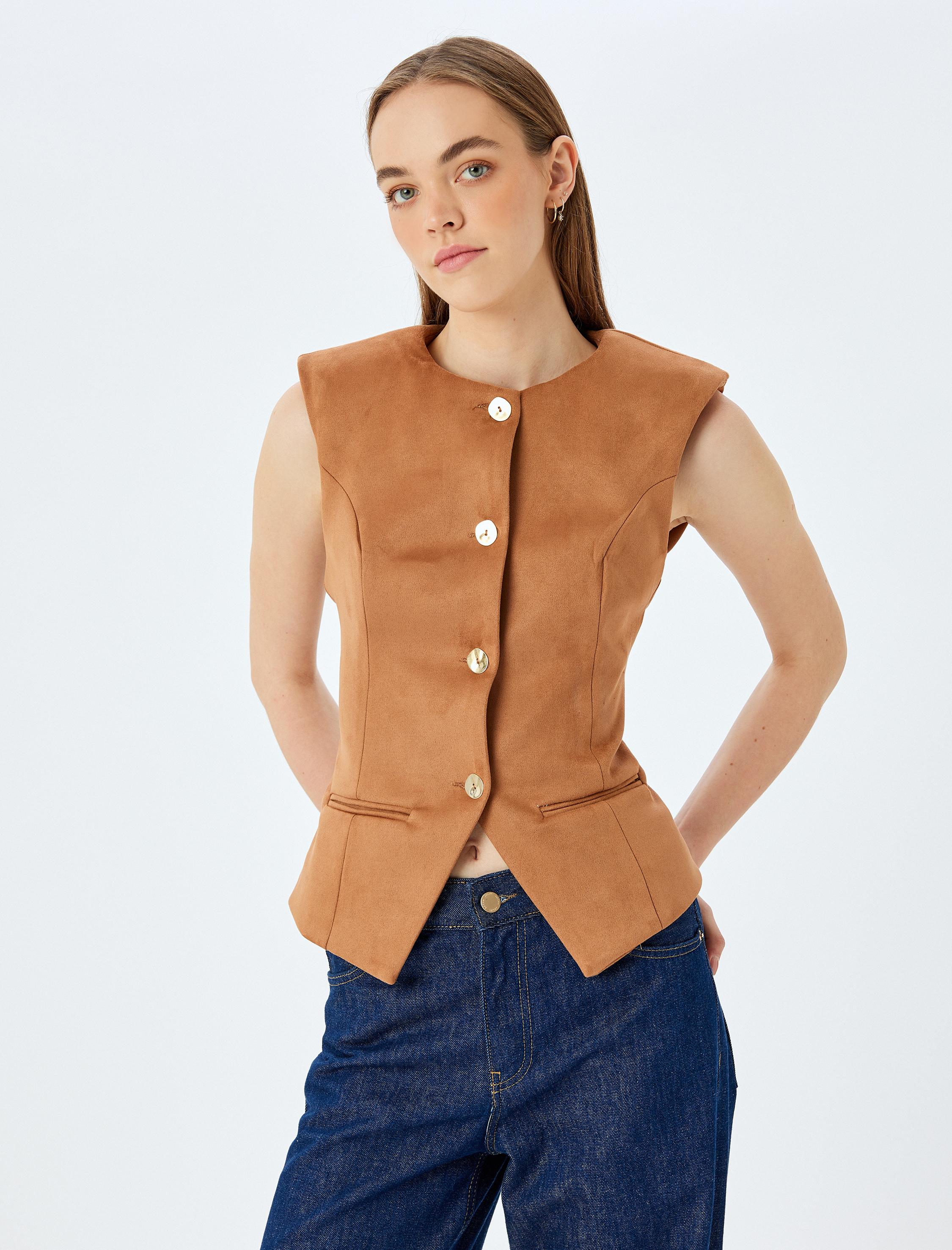 Düğmeli Fleto Cepli Bisiklet Yaka Slim Fit Yelek