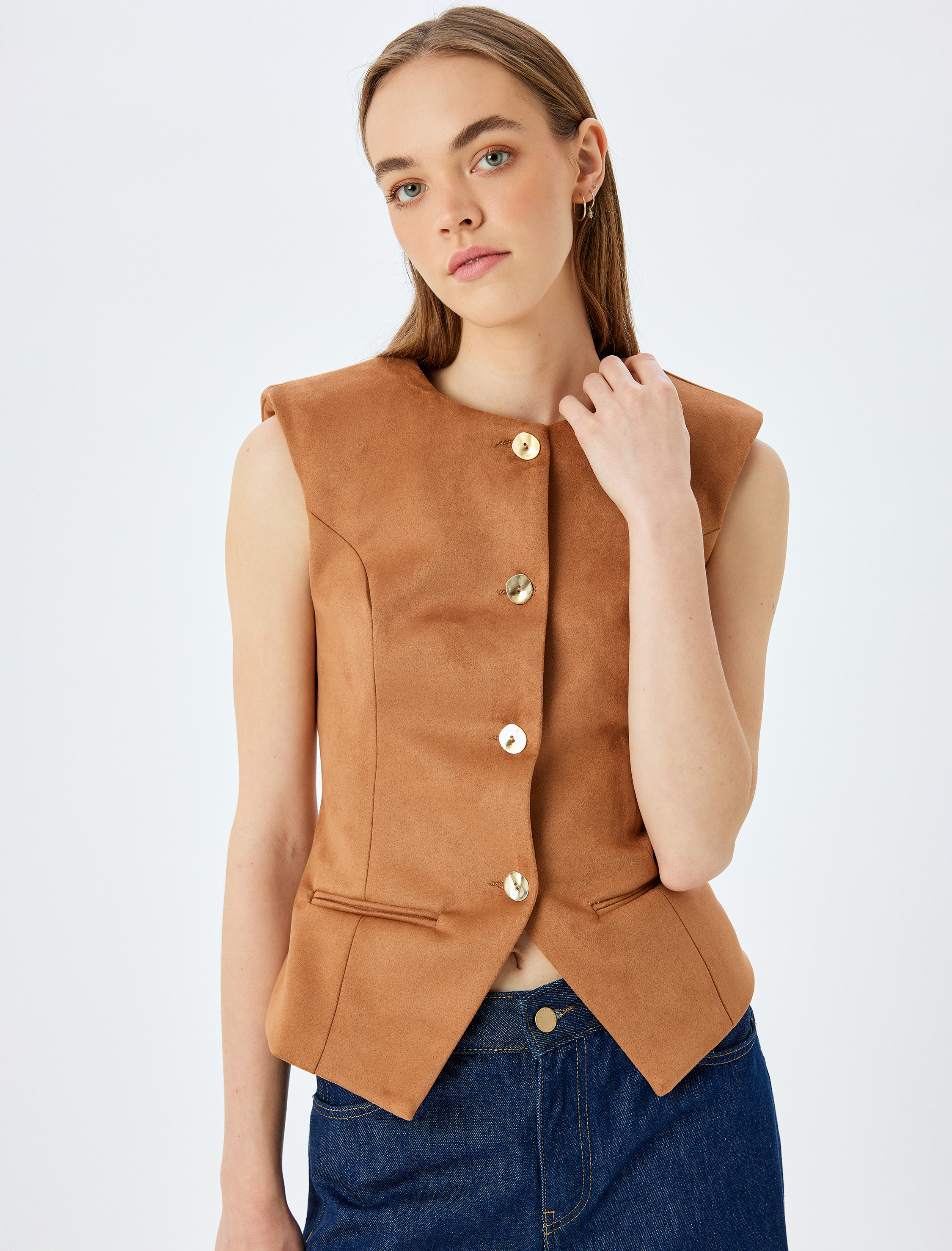 Düğmeli Fleto Cepli Bisiklet Yaka Slim Fit Yelek