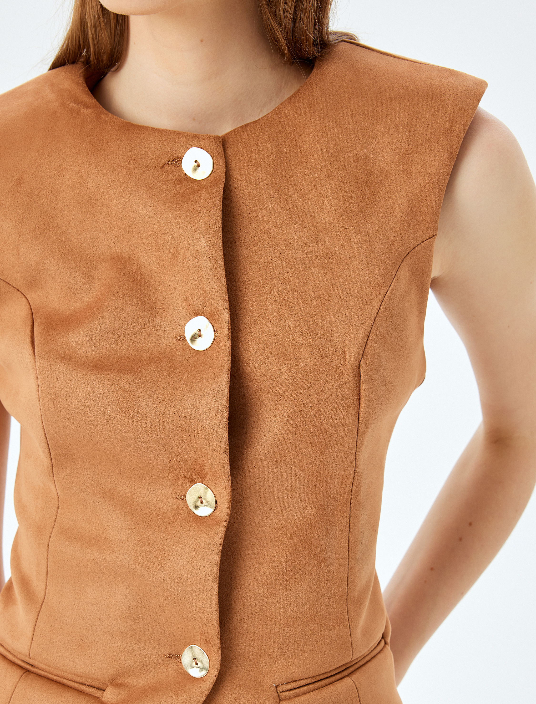 Düğmeli Fleto Cepli Bisiklet Yaka Slim Fit Yelek