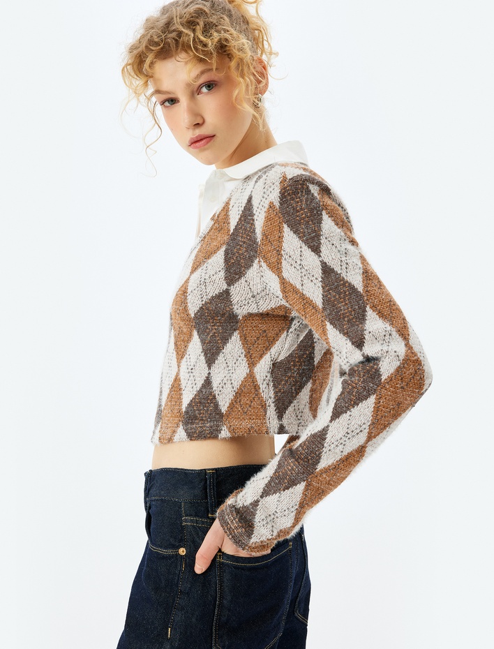  Ekoseli V Yaka Uzun Kollu Tişört