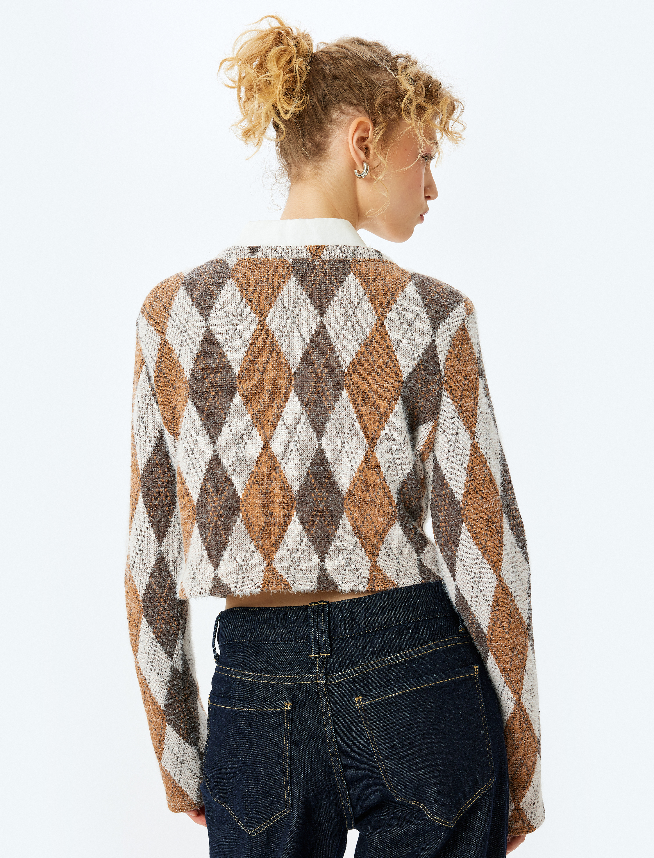   Ekoseli V Yaka Uzun Kollu Tişört