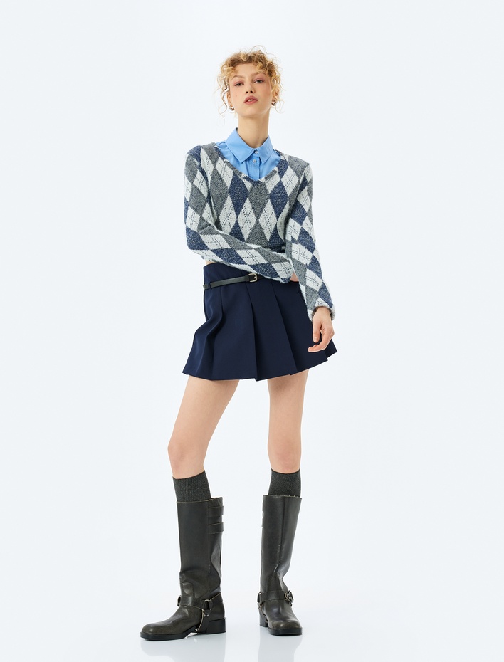  Ekoseli V Yaka Uzun Kollu Tişört