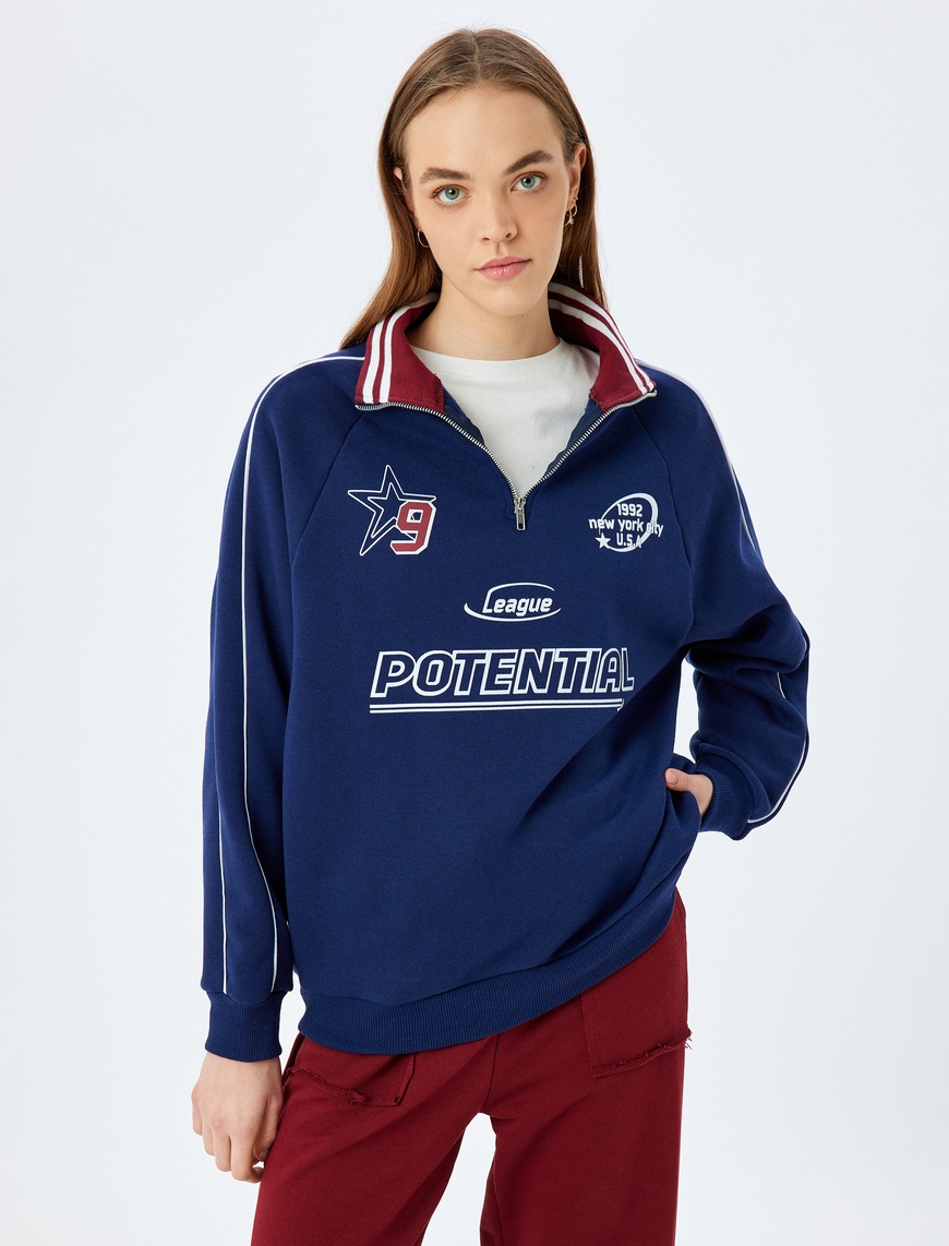   Yarım Fermuarlı Kolej Baskılı Biyeli Oversize Sweatshirt