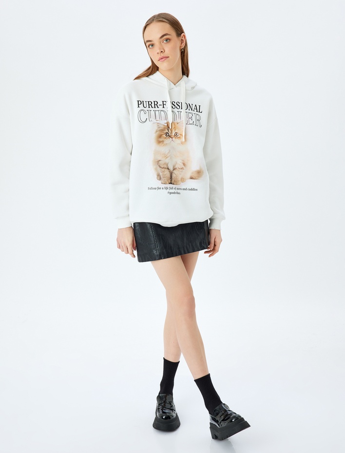  Şardonlu Kapüşonlu Kedi Baskılı Uzun Kollu Rahat Kalıp Sweatshirt