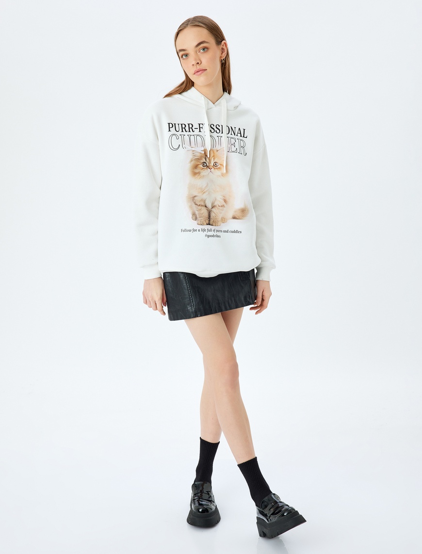   Kapüşonlu Kedi Baskılı Uzun Kollu Rahat Kalıp Sweatshirt