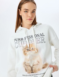 Kapüşonlu Kedi Baskılı Uzun Kollu Rahat Kalıp Sweatshirt