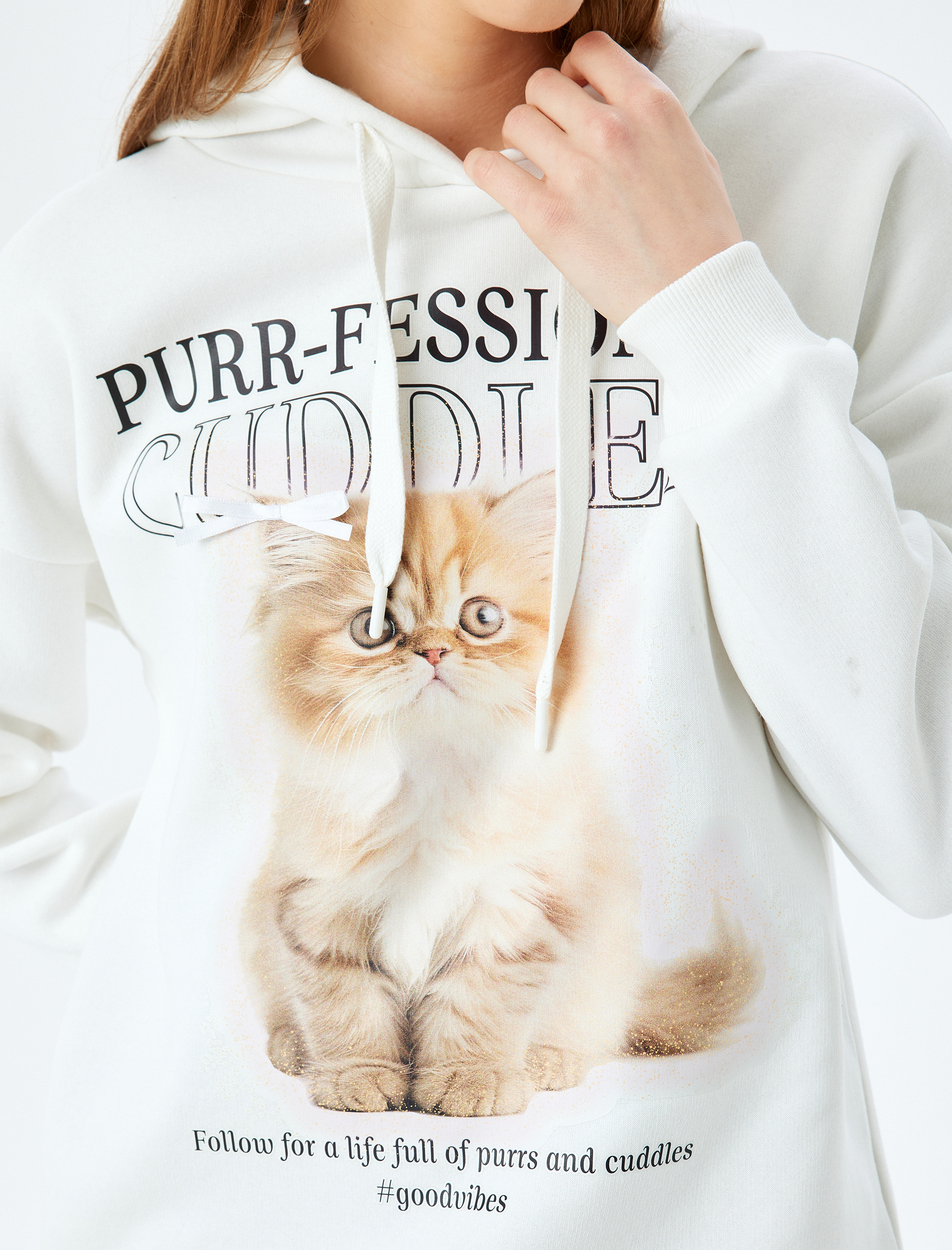   Şardonlu Kapüşonlu Kedi Baskılı Uzun Kollu Rahat Kalıp Sweatshirt