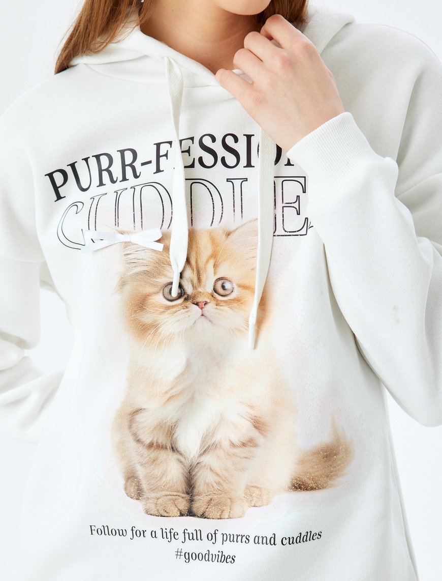   Kapüşonlu Kedi Baskılı Uzun Kollu Rahat Kalıp Sweatshirt