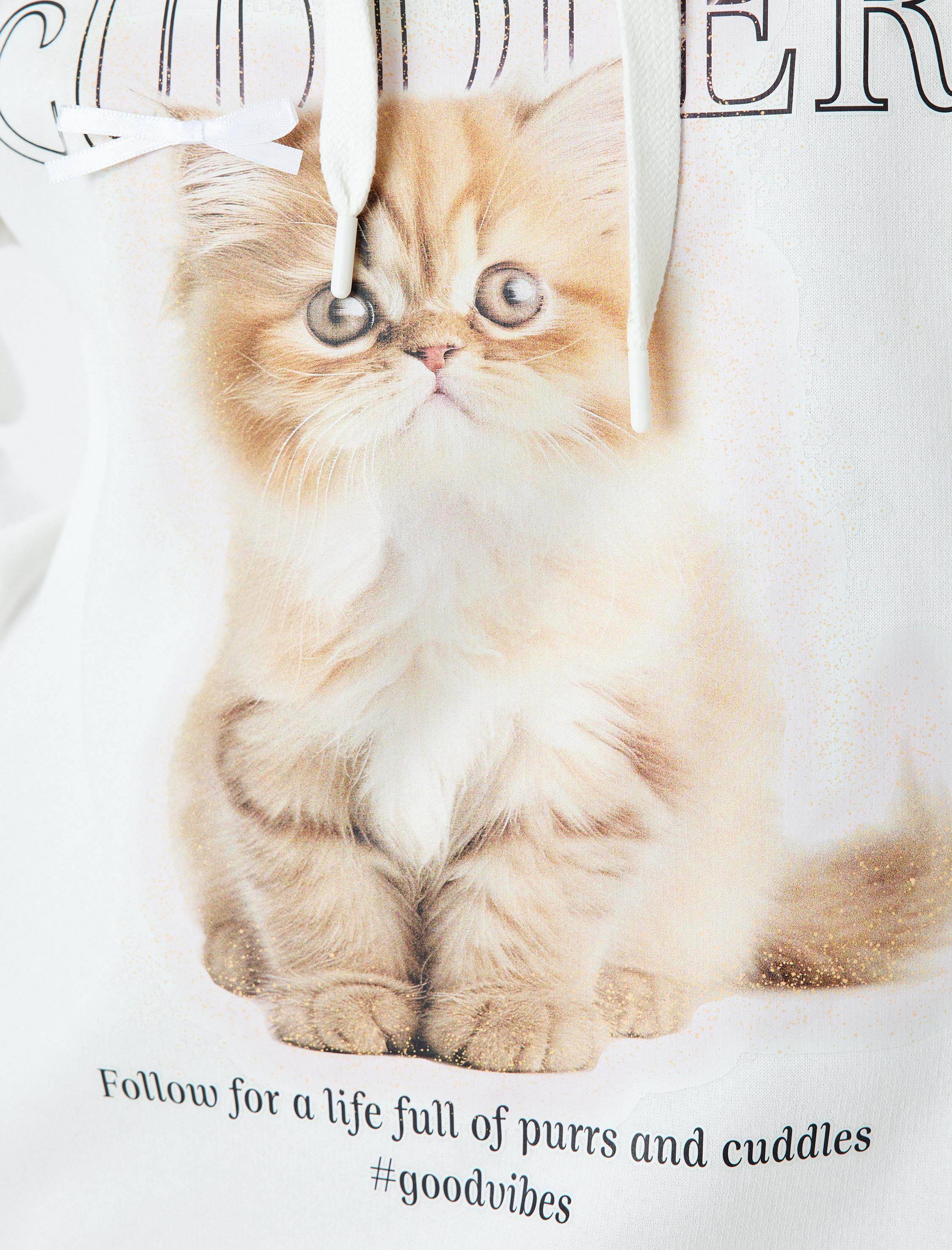   Şardonlu Kapüşonlu Kedi Baskılı Uzun Kollu Rahat Kalıp Sweatshirt