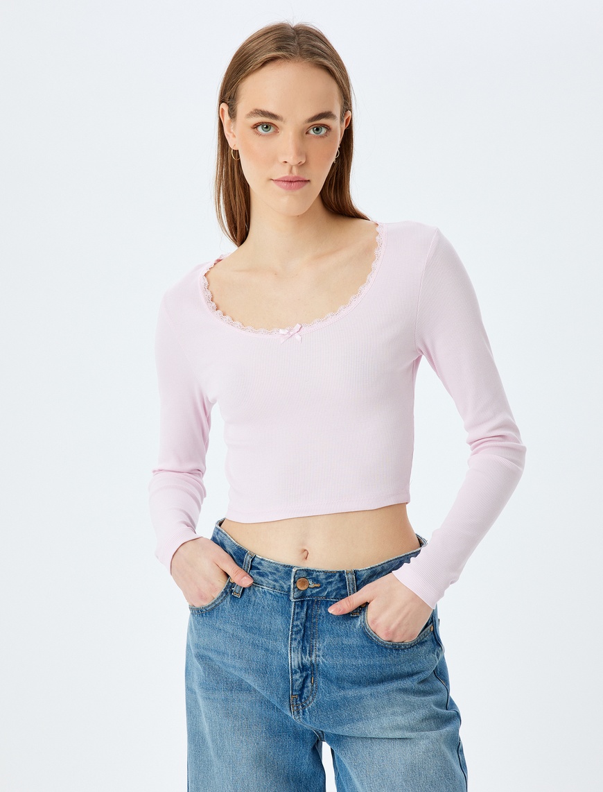   Dantel Detaylı Uzun Kollu Slim Fit Crop Tişört