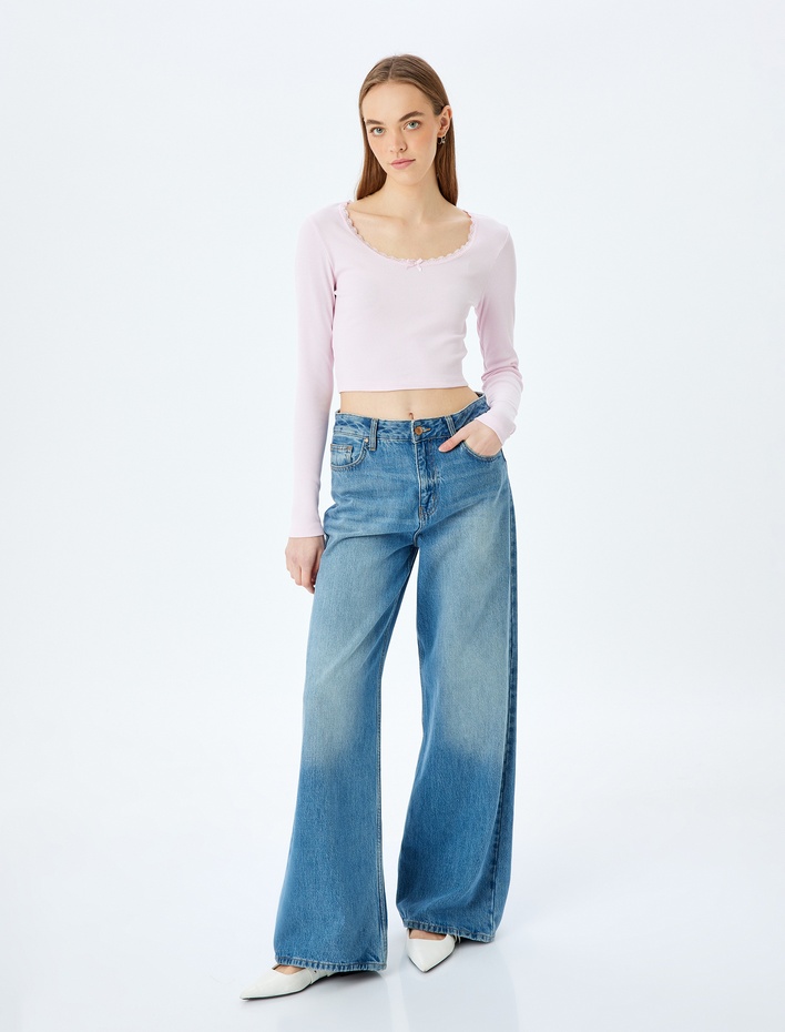  Dantel Detaylı Uzun Kollu Slim Fit Crop Tişört