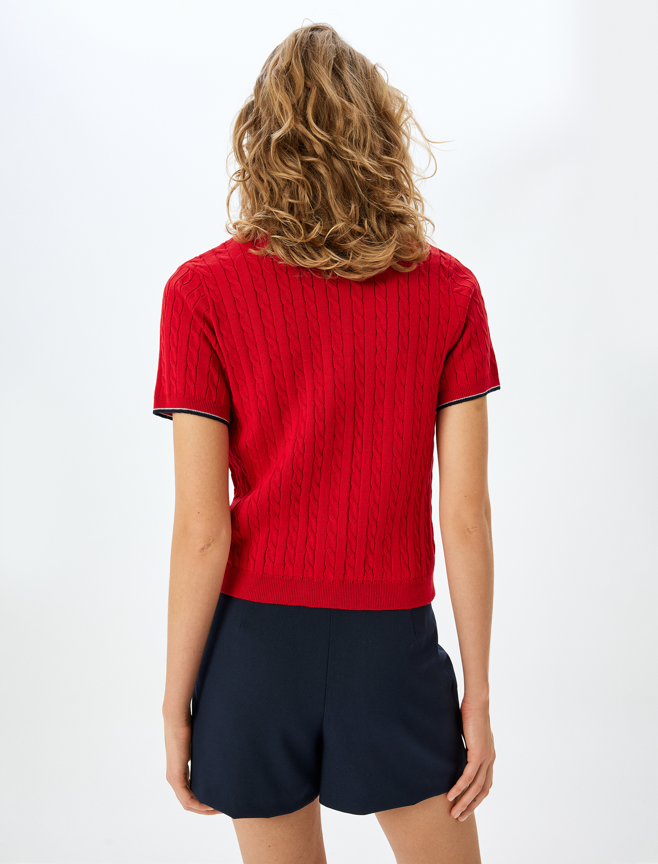 Kısa Kollu Düğmeli Saç Örgü Polo Yaka Triko Hırka