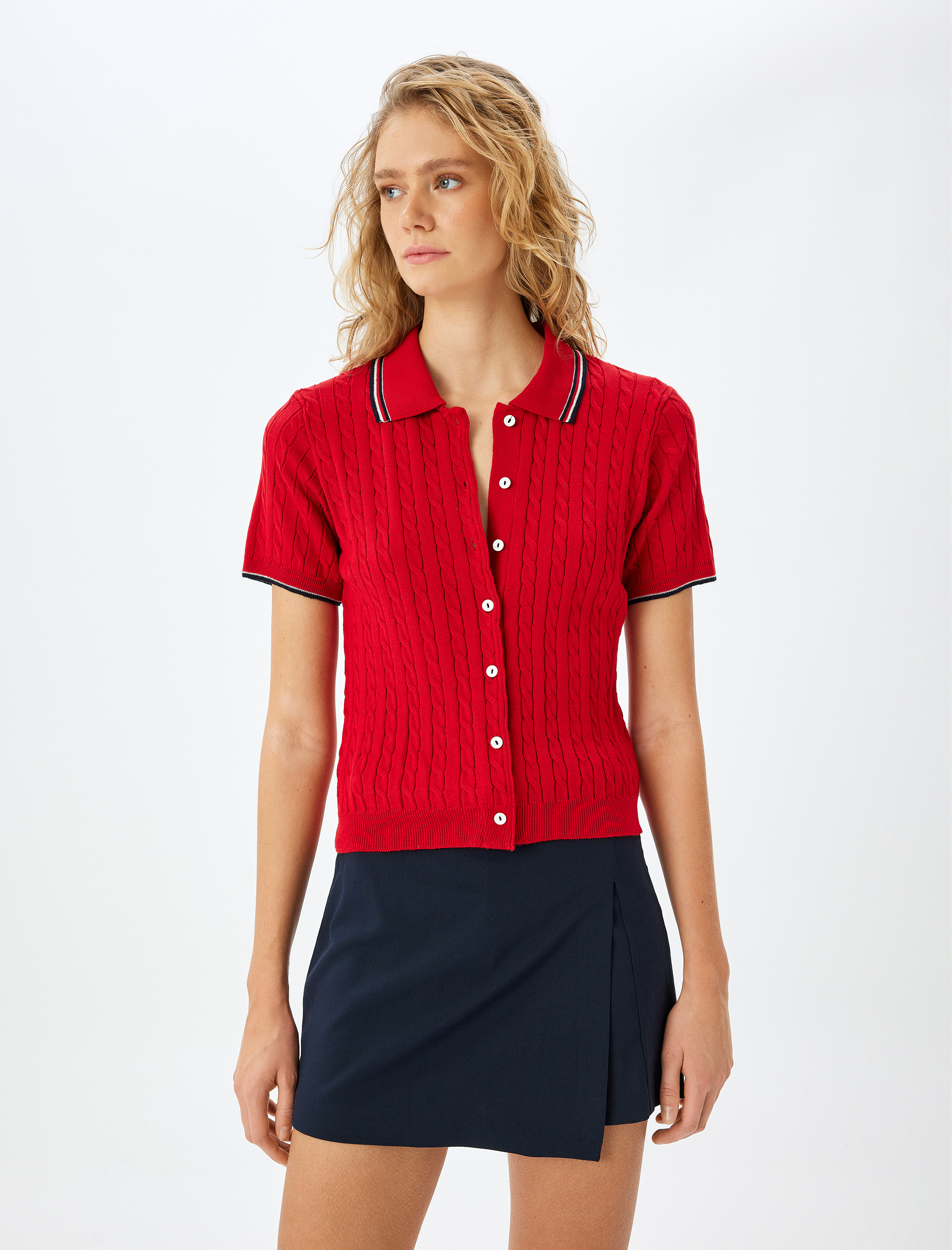 Kısa Kollu Düğmeli Saç Örgü Polo Yaka Triko Hırka